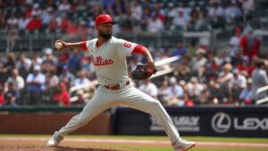Cristopher Sanchez pitching for the Philadelphia Phillies against the Atlanta Braves