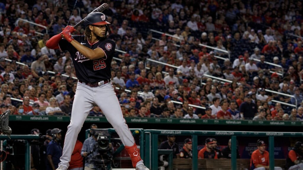 James Wood batting for the Washington Nationals at Nationals Park