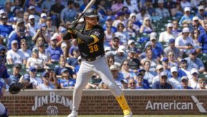 Nick Gonzales of the Pittsburgh Pirates batting against the Chicago Cubs at Wrigley Field