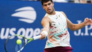 Carlos Alcaraz in action on the tennis court at the US Open