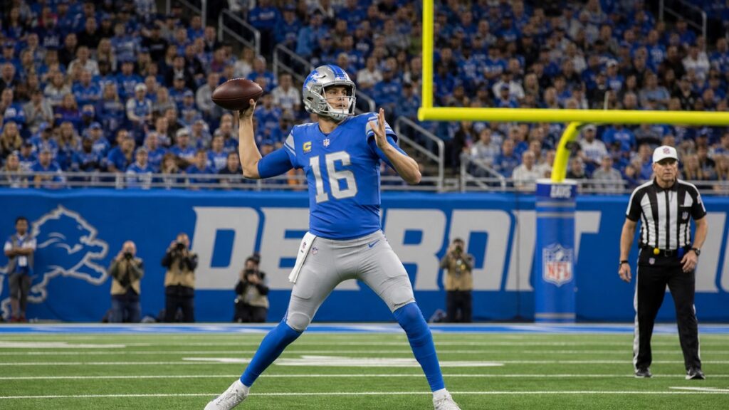 Jared Goff throwing a pass for the Detroit Lions