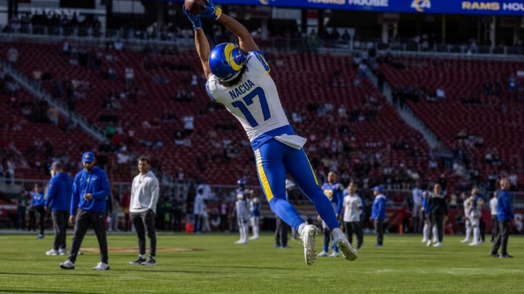 Puka Nacua making a catch for the Los Angeles Rams ahead of Week 1 against the 49ers