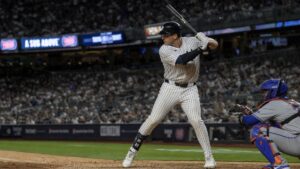 Ben Rice batting for the New York Yankees at Yankee Stadium