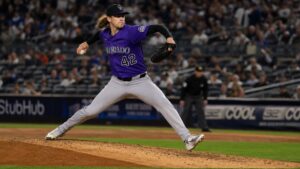 Ryan Feltner pitching for the Colorado Rockies