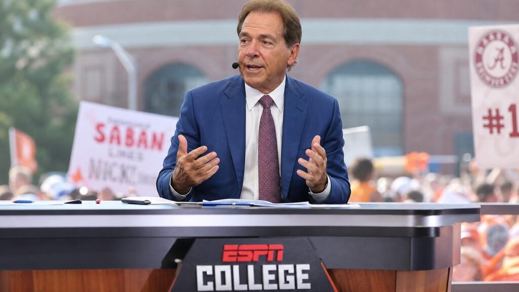 Nick Saban speaking on the ESPN College GameDay broadcast set