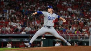 Tarik Skubal pitching for the Los Angeles Dodgers against the Cincinnati Reds