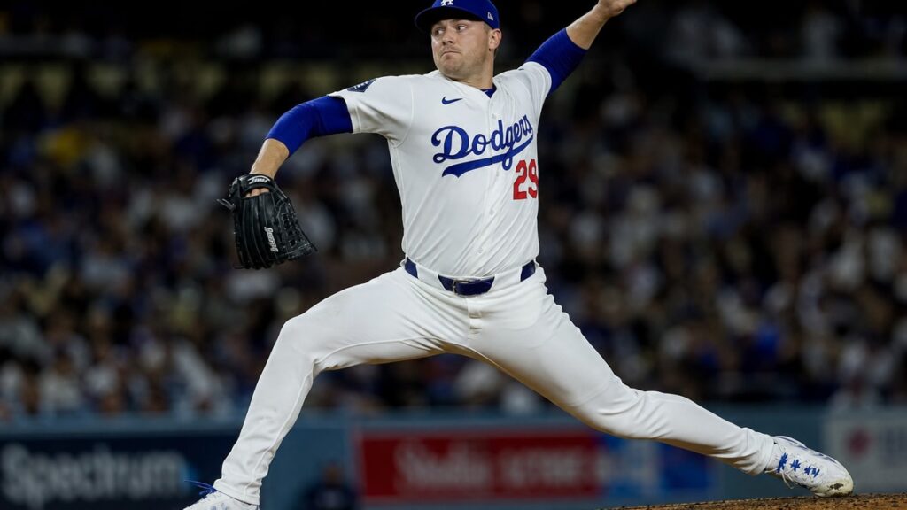 Tarik Skubal pitching for the Los Angeles Dodgers against the Cardinals