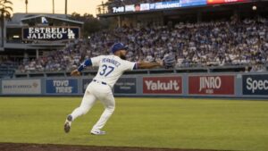Teoscar Hernandez fielding in left field for the Los Angeles Dodgers against the Washington Nationals