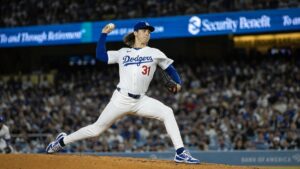 Tyler Glasnow pitching for the Los Angeles Dodgers at Dodger Stadium