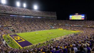 Tiger Stadium at LSU under stadium lights, home of the LSU Tigers football program