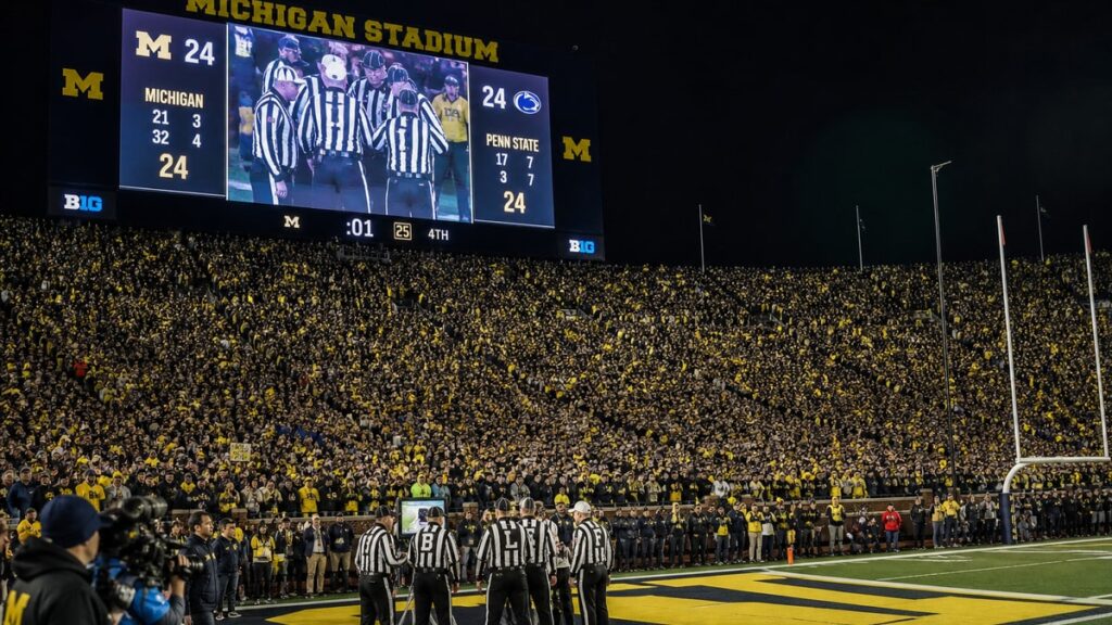 Michigan football stadium scoreboard and officials reviewing the final-play Hail Mary clock ruling against Western Michigan