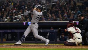 Ben Rice batting for the New York Yankees against the Minnesota Twins