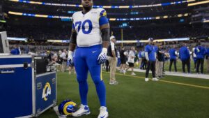 Alaric Jackson, Los Angeles Rams offensive lineman, on the sideline at SoFi Stadium