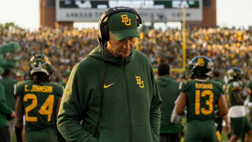 Baylor Bears head football coach on the sideline at McLane Stadium after a close loss