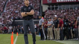 Shane Beamer on the sideline at South Carolina as his coaching hot seat heats up amid a nine-game Power Four losing streak