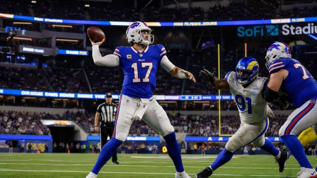 Josh Allen throwing a pass for the Buffalo Bills ahead of Monday Night Football against the Los Angeles Rams