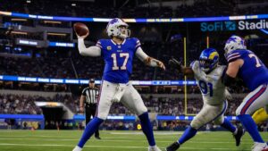 Josh Allen throwing a pass for the Buffalo Bills ahead of Monday Night Football against the Los Angeles Rams