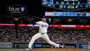 Blake Snell pitching for the Los Angeles Dodgers at Dodger Stadium during NLCS Game 3