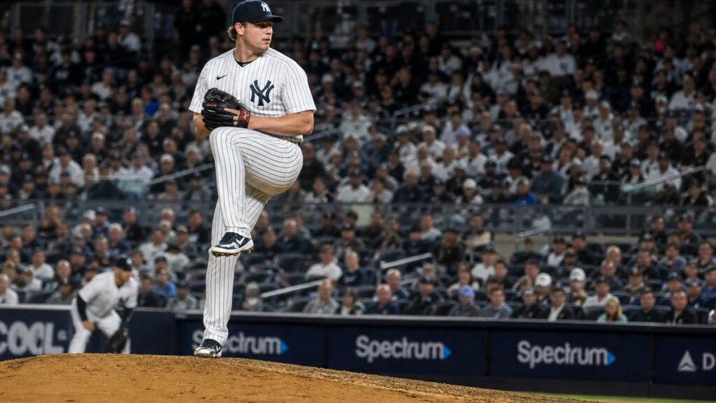 Gerrit Cole pitching for the New York Yankees in Wild Card Game 3 against the Red Sox
