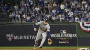Cooper Pratt of the Milwaukee Brewers fielding a ground ball at shortstop during the World Series