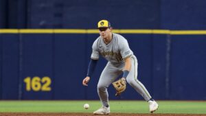Cooper Pratt fielding at shortstop for the Milwaukee Brewers in the World Series