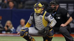 William Contreras of the Milwaukee Brewers catching behind home plate during the World Series at Tropicana Field