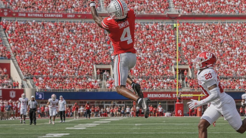 Ohio State receiver Jeremiah Smith leaping for a catch in a college football game at Indiana