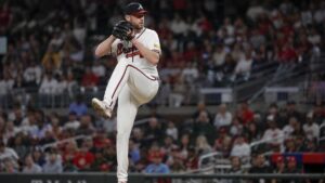Chris Sale pitching for the Atlanta Braves against the Los Angeles Dodgers in NLDS Game 3