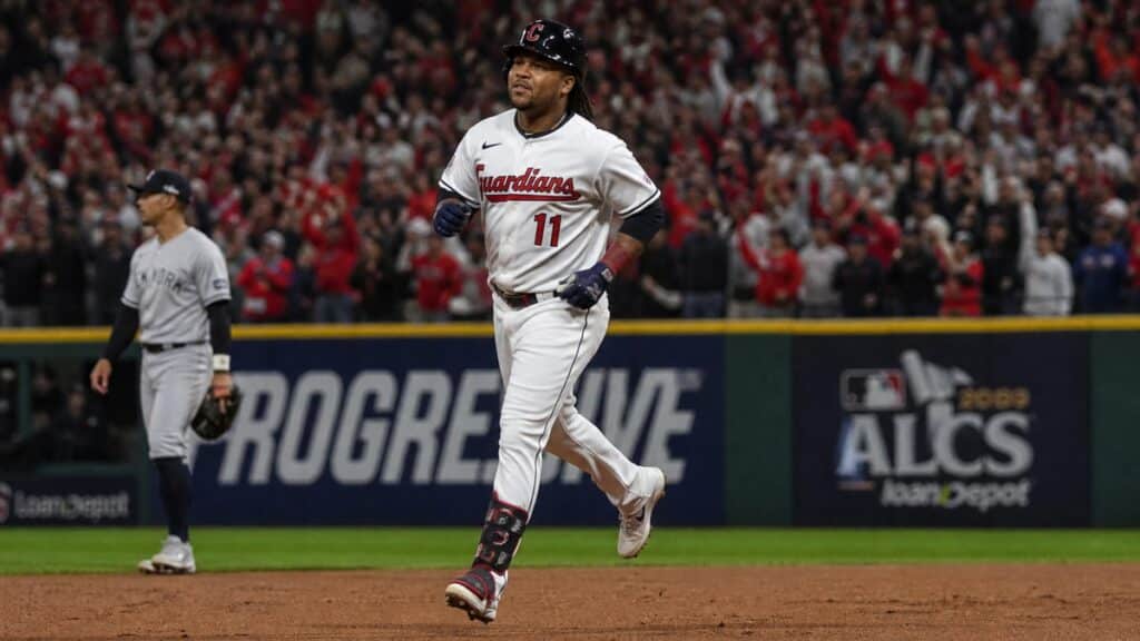 Jose Ramirez of the Cleveland Guardians rounding the bases after a home run in the ALDS