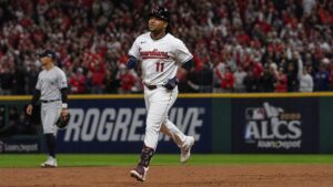 Jose Ramirez of the Cleveland Guardians rounding the bases after a home run in the ALDS