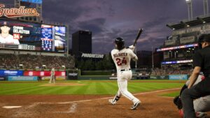 Chase DeLauter batting for the Cleveland Guardians at Progressive Field during the ALDS