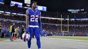 Buffalo Bills safety C.J. Gardner-Johnson on the sideline at Highmark Stadium