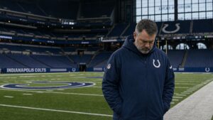 Indianapolis Colts head coach on the sideline at Lucas Oil Stadium after the team fired general manager Chris Ballard