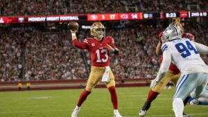 Brock Purdy of the San Francisco 49ers throwing a pass at Levi's Stadium on Monday Night Football