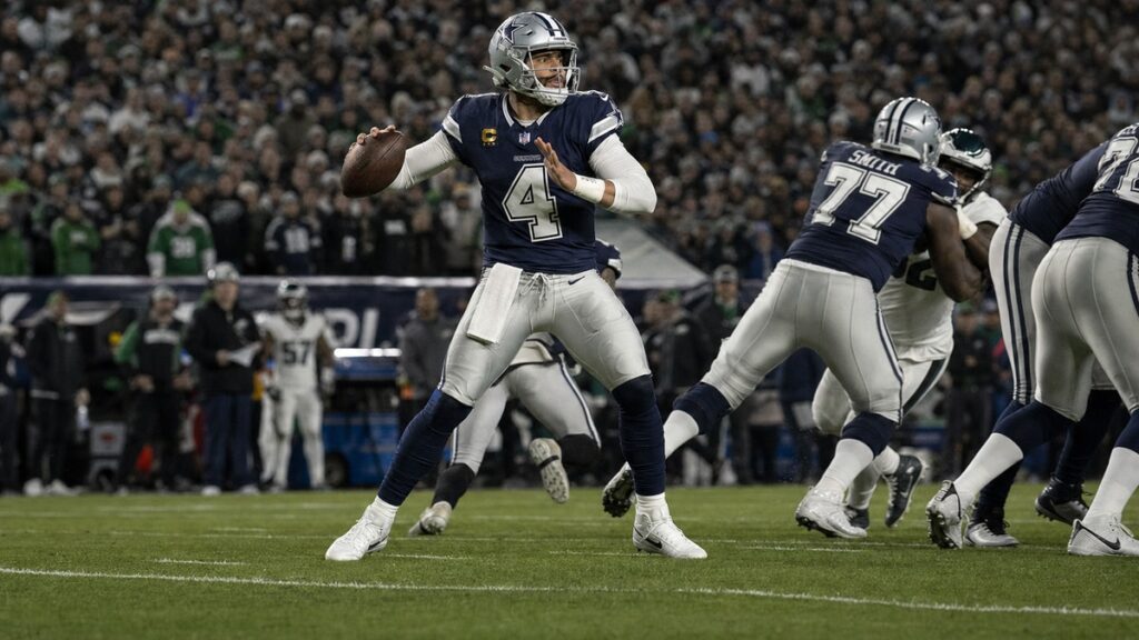 Dallas Cowboys quarterback Dak Prescott dropping back to pass against the Philadelphia Eagles on Monday Night Football
