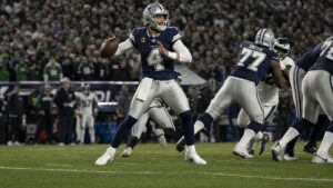 Dallas Cowboys quarterback Dak Prescott dropping back to pass against the Philadelphia Eagles on Monday Night Football