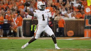 Miami Hurricanes quarterback Darian Mensah throwing a pass during the Hurricanes road win at Clemson