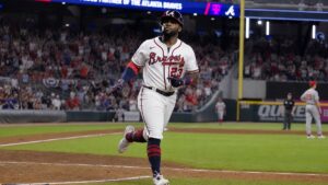 Michael Harris II running the bases for the Atlanta Braves during the NLDS against the Dodgers