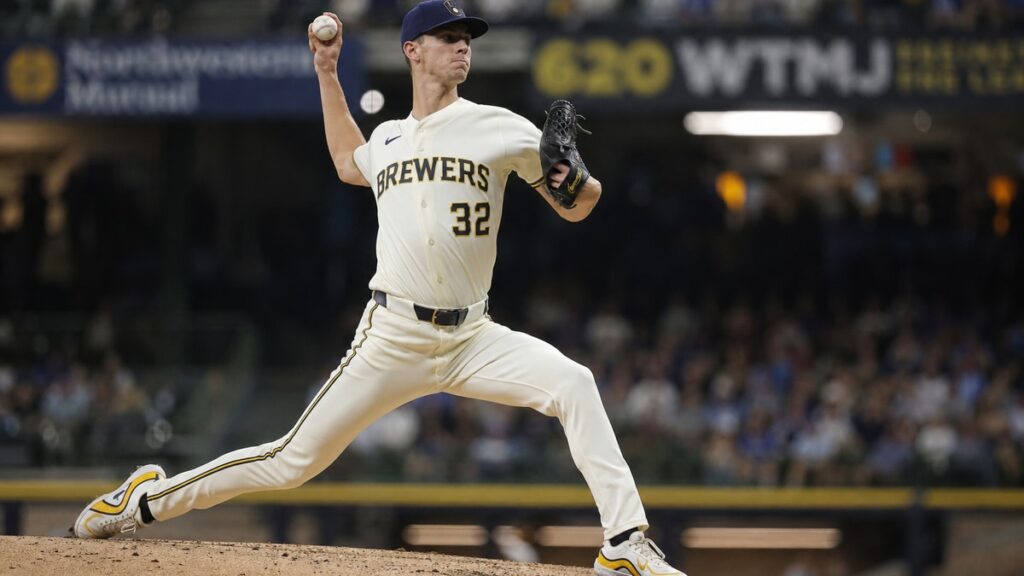Jacob Misiorowski pitching for the Milwaukee Brewers in NLCS Game 1 against the Dodgers