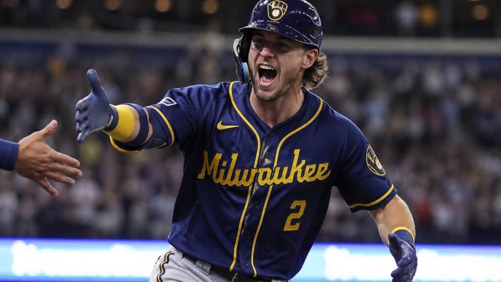 Brice Turang celebrating for the Milwaukee Brewers