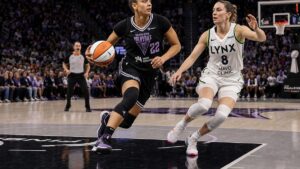 Veronica Burton of the Golden State Valkyries driving to the basket during a WNBA Finals game at Chase Center