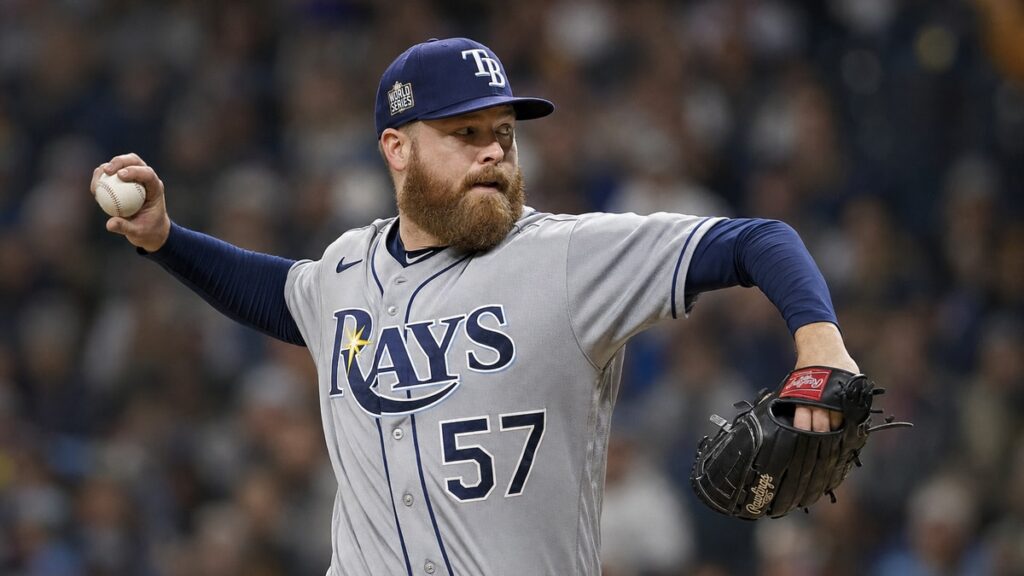 Drew Rasmussen of the Tampa Bay Rays pitching in World Series Game 2 at American Family Field