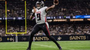 Michael Penix Jr. throwing a pass for the Atlanta Falcons