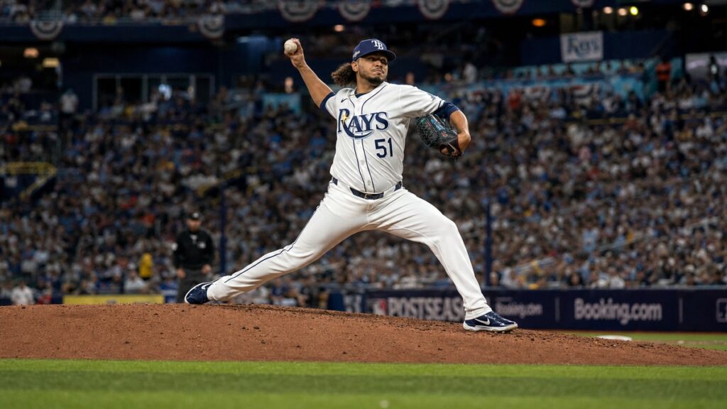 Freddy Peralta pitching for the Tampa Bay Rays at Tropicana Field