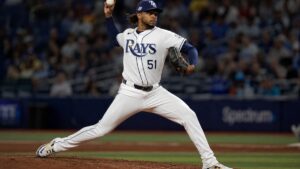 Freddy Peralta pitching for the Tampa Bay Rays in ALCS Game 2 against the Cleveland Guardians