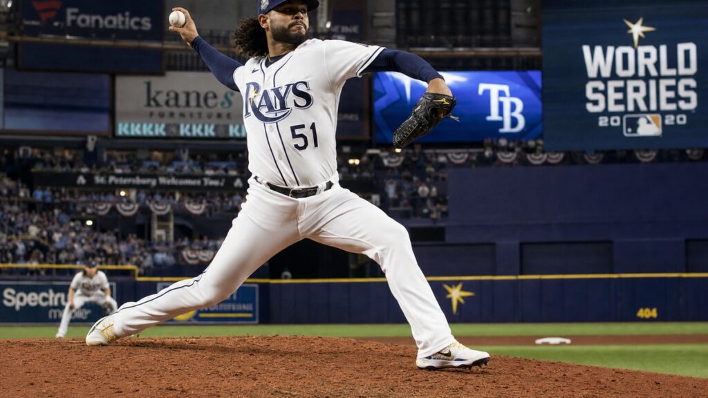 Freddy Peralta pitching for the Tampa Bay Rays in World Series Game 3 at Tropicana Field