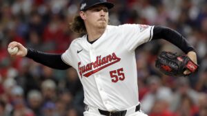 Gavin Williams pitching for the Cleveland Guardians in ALDS Game 5