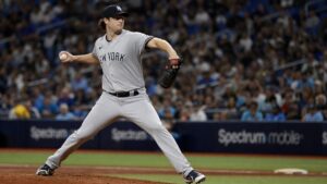 Gerrit Cole pitching for the New York Yankees against the Tampa Bay Rays in ALDS Game 1