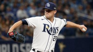 Griffin Jax of the Tampa Bay Rays pitching at Tropicana Field in the World Series