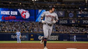 Chase DeLauter rounding the bases after a home run for the Cleveland Guardians in the ALCS